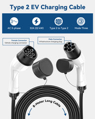 Câble de recharge RamTouch Type 2 vers Type 2 pour véhicules électriques (22 kW, 32 A, triphasé, mode 3) – Pour bornes de recharge Wallbox et électriques, véhicules électriques et hybrides rechargeables