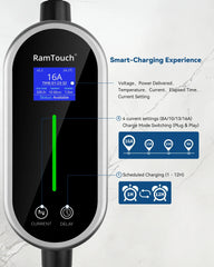 RamTouch Electric Vehicle Charger (3.7kW, Type 2, 16A Schuko Plug) - Portable EV Charger with Smart Function, Compatible with EV and Plug-in Hybrid - RamTouch EV Chargers - Smart Electric Vehicle Charging Solutions