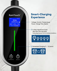 RamTouch Electric Vehicle Charger (7.4 kW, Type 2, 32 A CEE Plug) - Portable EV Charger with Smart Function, Compatible with EV and Plug-in Hybrid - RamTouch EV Chargers - Smart Electric Vehicle Charging Solutions