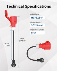 Convertisseur de prise RamTouch Fly Lead (fiche Schuko 16 A vers prise CEE rouge 400 V/16 A, 50 cm, 3G2,5 mm²) - Adaptateur CEE pour chargeur de véhicule électrique portable, boîtier mural mobile
