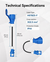 Convertisseur de prise RamTouch Fly Lead (prise caravane 16 A vers prise CEE 32 A, 50 cm, max. 16 A, 3G2,5 mm²) - Adaptateur CEE pour chargeur de véhicule électrique portable, boîtier mural mobile