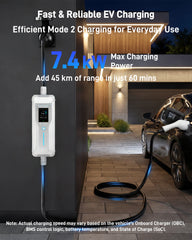 Portable EV Charger (7.4 kW, 32A, IP67) | CEE 32 A Commando Plug to Type 2 | Mode 2 Fast Charging Cable with Adjustable 6A–32A, Smart Timer & LCD, AC/DC RCD Protection for EVs & PHEVs