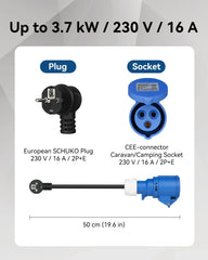Convertisseur de prise RamTouch Fly Lead (fiche Schuko 16 A vers prise CEE 16 A, 50 cm, max. 16 A, 3G2,5 mm²) - Adaptateur CEE pour chargeur de véhicule électrique portable, boîtier mural mobile