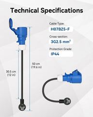 Convertisseur de prise RamTouch Fly Lead (fiche Schuko 16 A vers prise CEE 16 A, 50 cm, max. 16 A, 3G2,5 mm²) - Adaptateur CEE pour chargeur de véhicule électrique portable, boîtier mural mobile