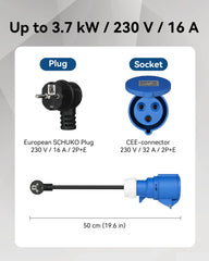 Convertisseur de prise RamTouch Fly Lead (fiche Schuko 16 A vers prise CEE 32 A, 50 cm, max. 16 A, 3G2,5 mm²) - Adaptateur CEE pour chargeur de véhicule électrique portable, boîtier mural mobile