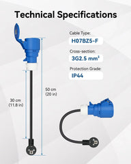 Convertisseur de prise RamTouch Fly Lead (fiche Schuko 16 A vers prise CEE 32 A, 50 cm, max. 16 A, 3G2,5 mm²) - Adaptateur CEE pour chargeur de véhicule électrique portable, boîtier mural mobile