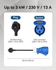 Convertisseur de prise RamTouch Fly Lead (prise britannique 13 A vers prise CEE 32 A, 50 cm, max. 13 A, 3G2,5 mm²) - Adaptateur CEE pour chargeur de véhicule électrique portable, boîtier mural mobile