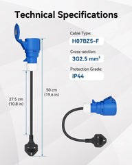 Convertisseur de prise RamTouch Fly Lead (prise britannique 13 A vers prise CEE 32 A, 50 cm, max. 13 A, 3G2,5 mm²) - Adaptateur CEE pour chargeur de véhicule électrique portable, boîtier mural mobile