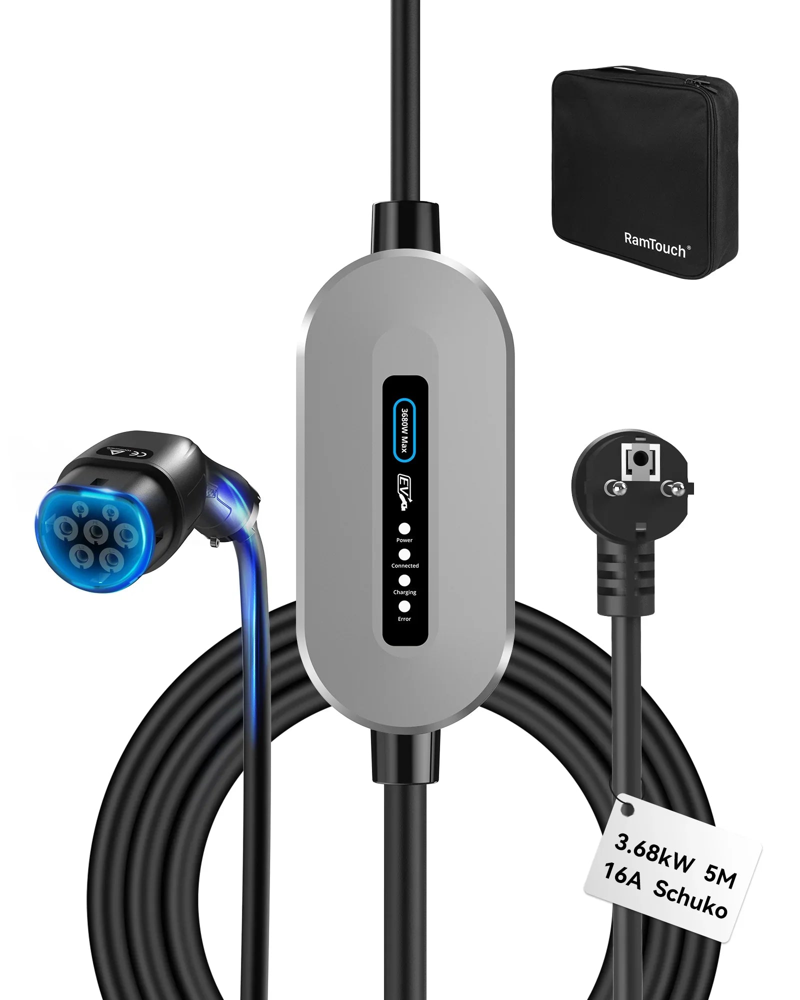 RamTouch Electric Vehicle Charger (3.68 kW, Type 2) - Portable EV Charger with LED, Mobile Wallbox 3.68 kW, Compatible with EV and Plug-in Hybrid - RamTouch EV Chargers - Smart Electric Vehicle Charging Solutions Main image