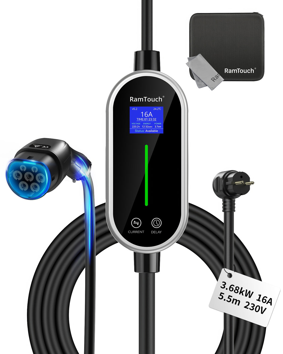 RamTouch Electric Vehicle Charger (3.7kW, Type 2, 16A Schuko Plug) - Portable EV Charger with Smart Function, Compatible with EV and Plug-in Hybrid