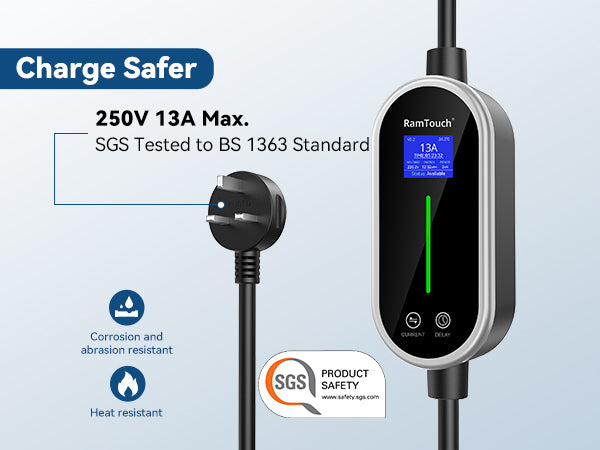 Charge Safer device with plug and digital display on a light blue background
