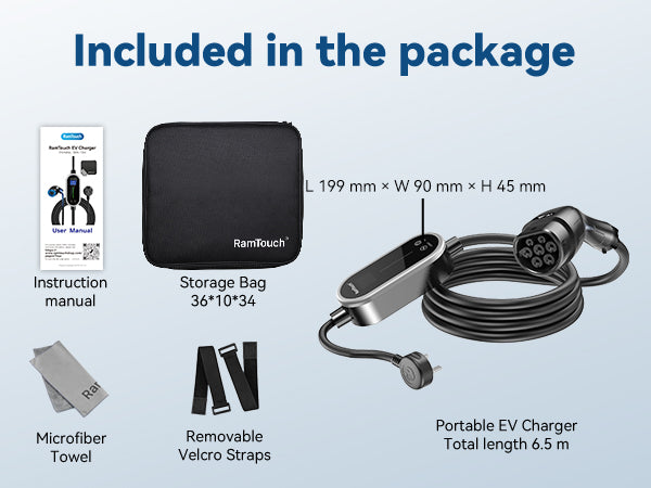 List of included items in a package with a portable EV charger, storage bag, instruction manual, microfiber towel, and velcro straps on a light blue background.