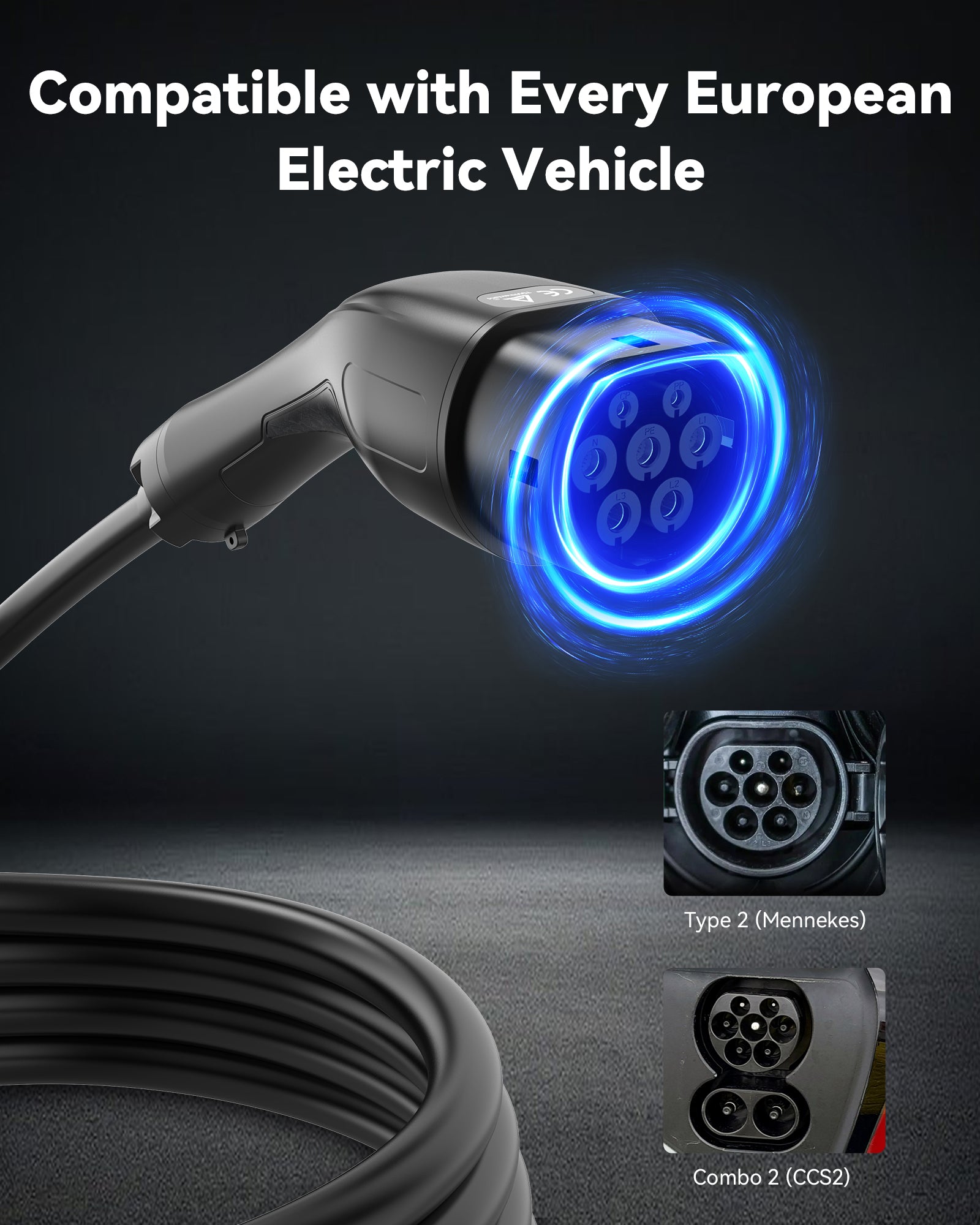 RamTouch Electric Vehicle Charger (3.68 kW, Type 2) - Portable EV Charger with LED, Mobile Wallbox 3.68 kW, Compatible with EV and Plug-in Hybrid