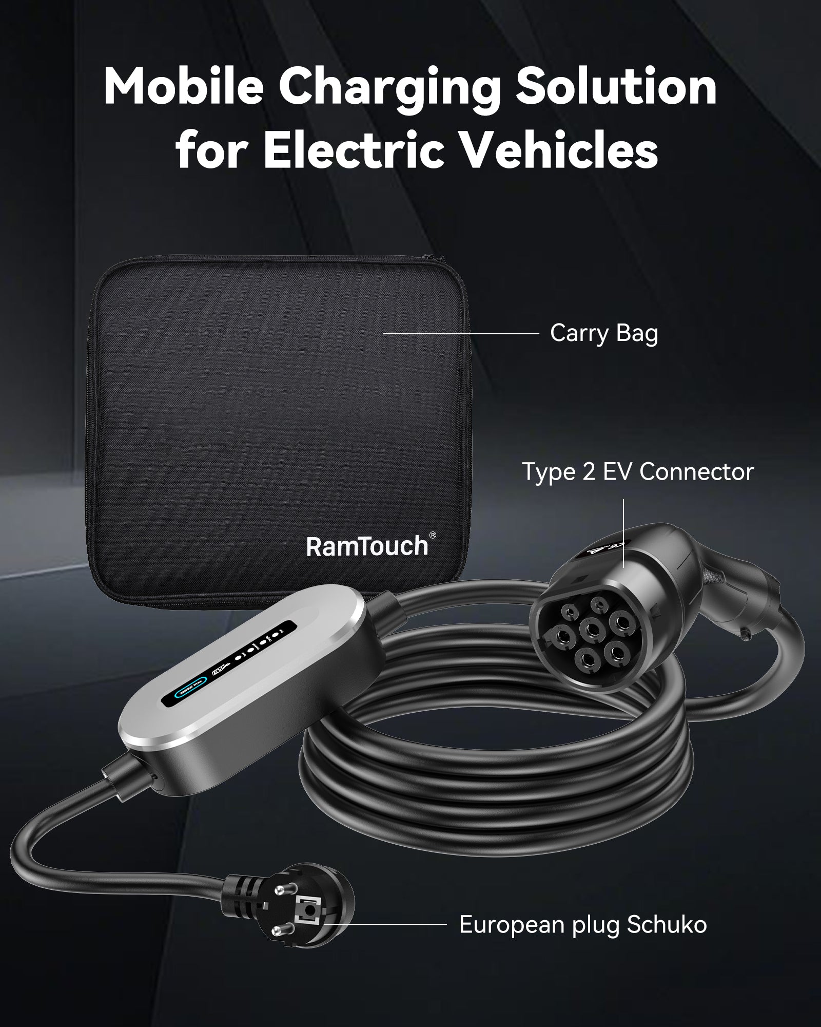 RamTouch Electric Vehicle Charger (3.68 kW, Type 2) - Portable EV Charger with LED, Mobile Wallbox 3.68 kW, Compatible with EV and Plug-in Hybrid