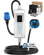 Portable EV Charger (7.4 kW, 32A, IP67) | CEE 32 A Commando Plug to Type 2 | Mode 2 Fast Charging Cable with Adjustable 6A–32A, Smart Timer & LCD, AC/DC RCD Protection for EVs & PHEVs
