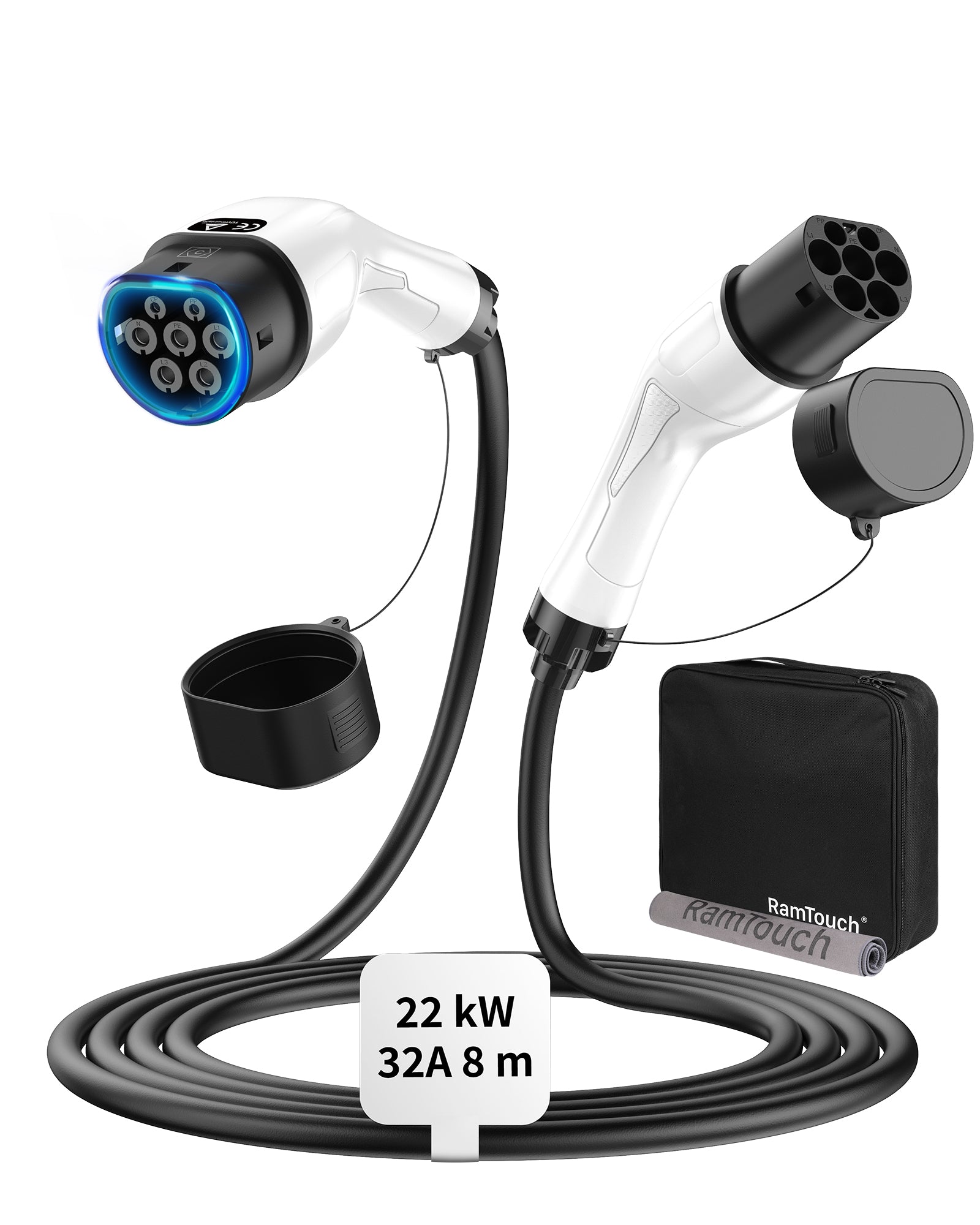 Cable de carga EV RamTouch Type 2 a Type 2, 22 kW, 32 A, trifásico, Mode 3, para wallbox, estación de carga EV, vehículo eléctrico e híbrido enchufable