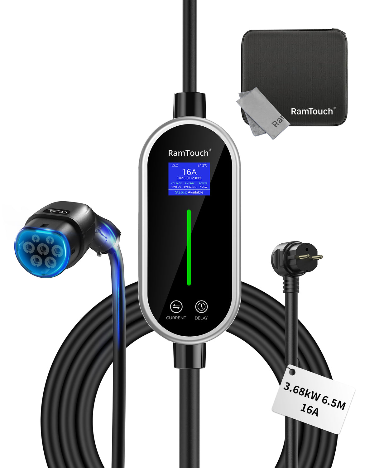 RamTouch Ladegerät für Elektrofahrzeuge (3,7 kW, Typ 2) – Tragbares EV-Ladegerät mit Smart-Funktion, Mobile Wallbox 2 in 1, für Elektroautos Tesla Model Y/3/S/X, ENYAQ, EX30, E-TRON, ID.3