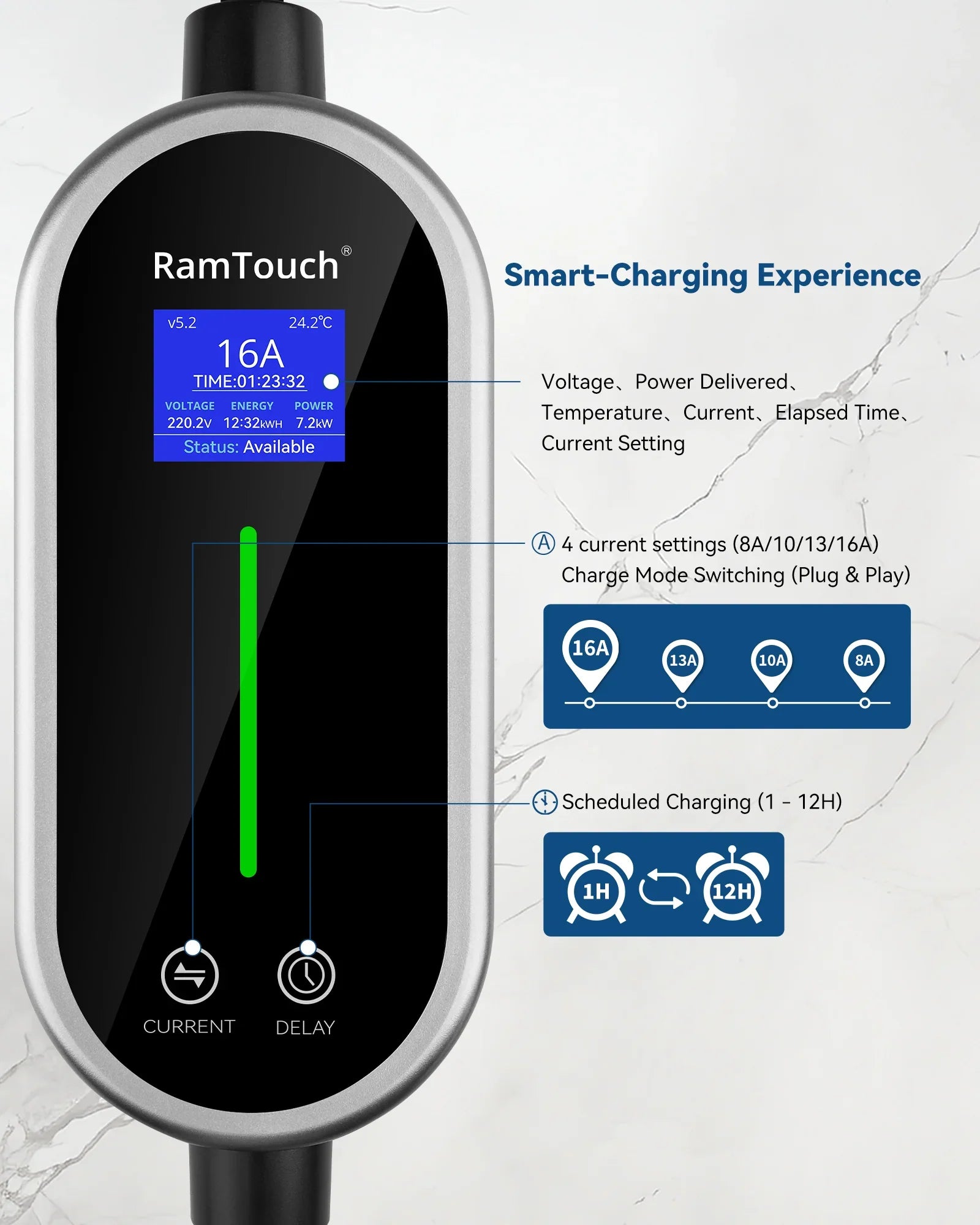 RamTouch Electric Vehicle Charger (3.7kW, Type 2, 16A Schuko Plug) - Portable EV Charger with Smart Function, Compatible with EV and Plug-in Hybrid - RamTouch EV Chargers - Smart Electric Vehicle Charging Solutions