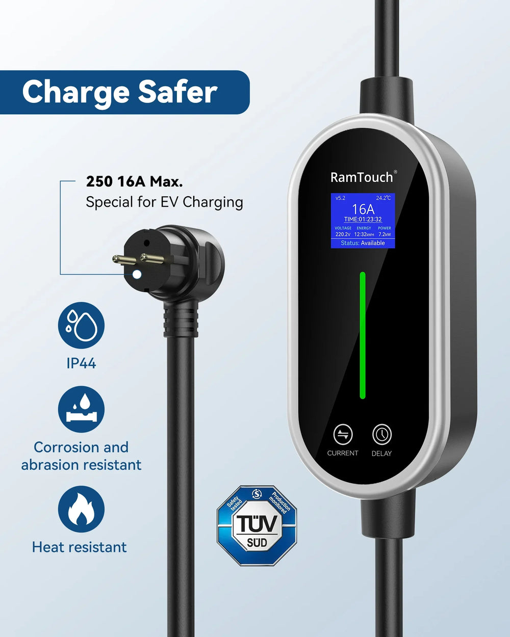 RamTouch Electric Vehicle Charger (3.7kW, Type 2, 16A Schuko Plug) - Portable EV Charger with Smart Function, Compatible with EV and Plug-in Hybrid - RamTouch EV Chargers - Smart Electric Vehicle Charging Solutions