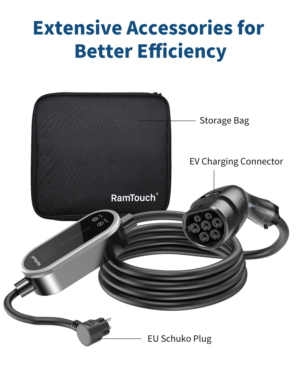 RamTouch Electric Vehicle Charger (3.7kW, Type 2, 16A Schuko Plug) - Portable EV Charger with Smart Function, Compatible with EV and Plug-in Hybrid - RamTouch EV Chargers - Smart Electric Vehicle Charging Solutions