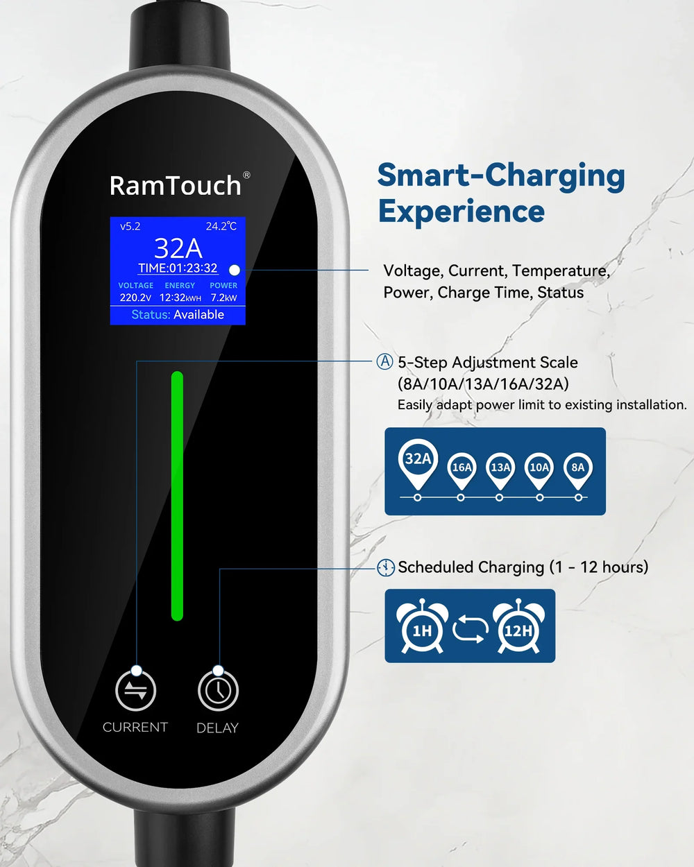 RamTouch Electric Vehicle Charger (7.4 kW, Type 2, 32 A CEE Plug) - Portable EV Charger with Smart Function, Compatible with EV and Plug-in Hybrid - RamTouch EV Chargers - Smart Electric Vehicle Charging Solutions