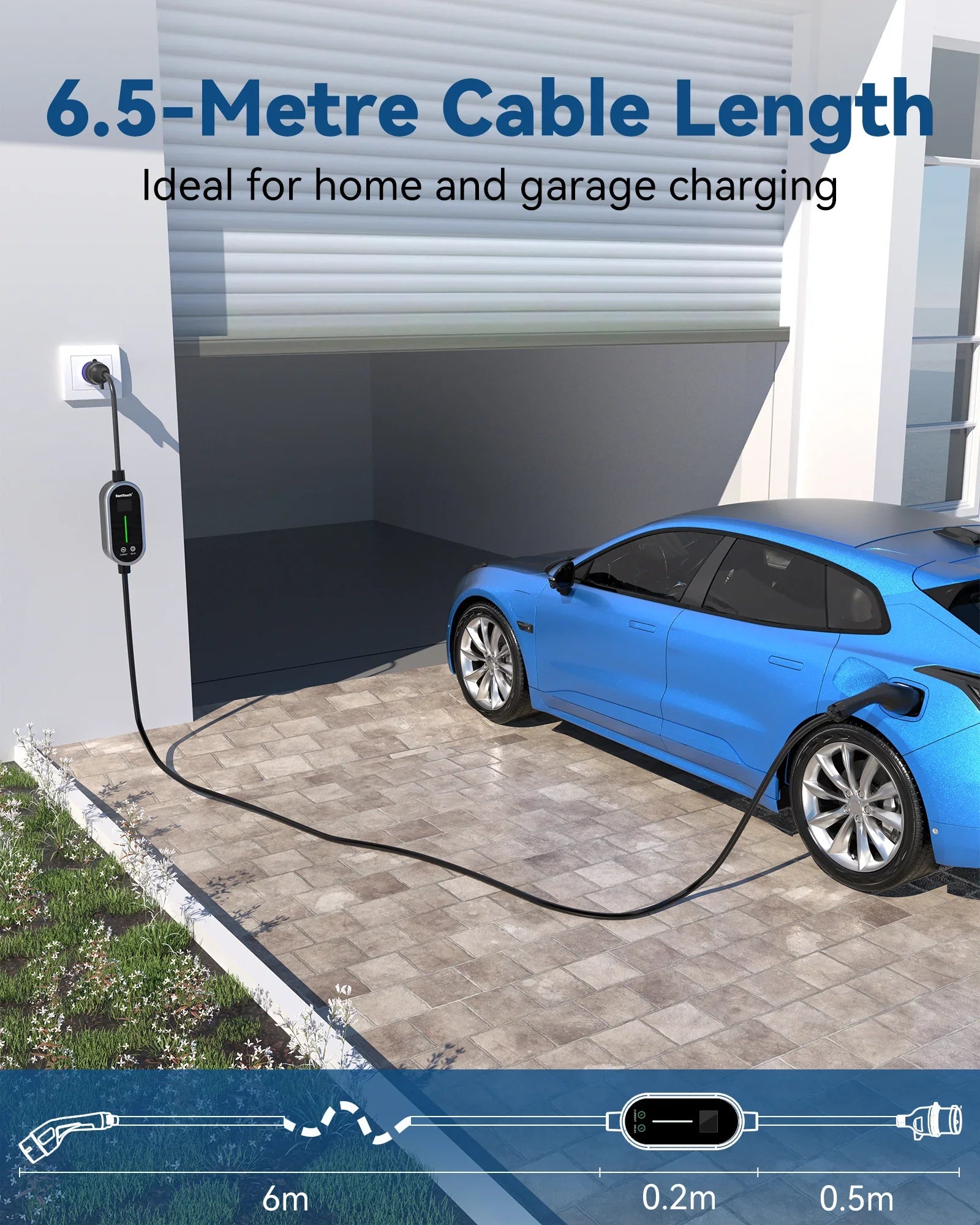 RamTouch Electric Vehicle Charger (7.4 kW, Type 2, 32 A CEE Plug) - Portable EV Charger with Smart Function, Compatible with EV and Plug-in Hybrid