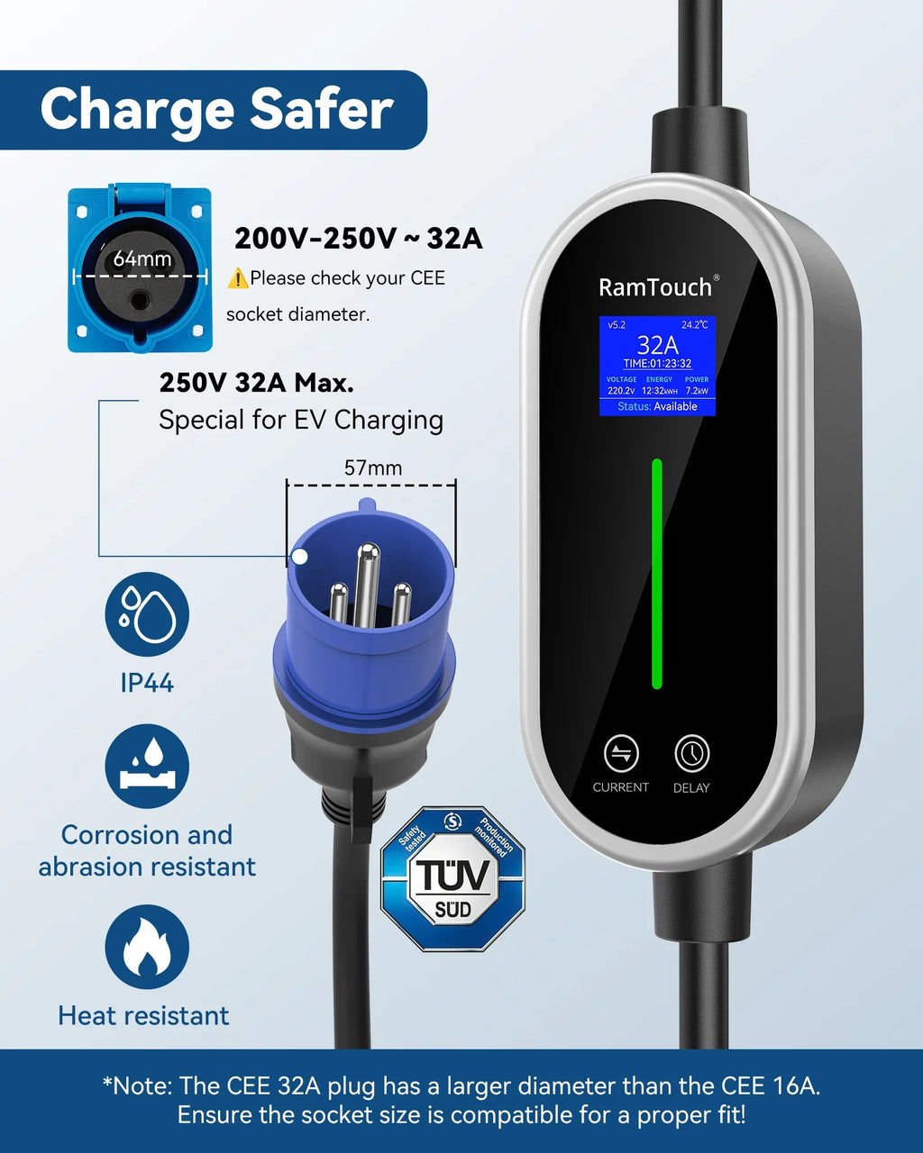 RamTouch Electric Vehicle Charger (7.4 kW, Type 2, 32 A CEE Plug) - Portable EV Charger with Smart Function, Compatible with EV and Plug-in Hybrid