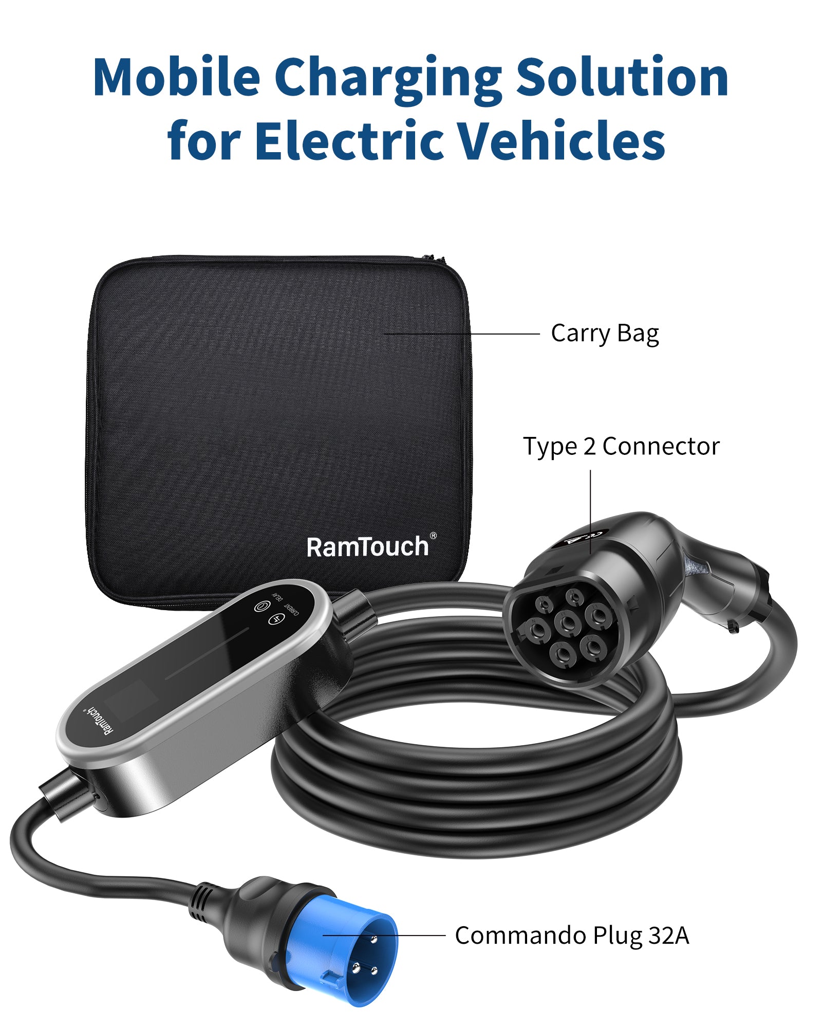 RamTouch Ladegerät für Elektrofahrzeuge (7,4 kW, Typ 2) – Tragbares EV-Ladegerät mit Smart-Funktion, Mobile Wallbox 2 in 1, für Elektroautos Tesla Model Y/3/S/X, ENYAQ, EX30, E-TRON, ID.3