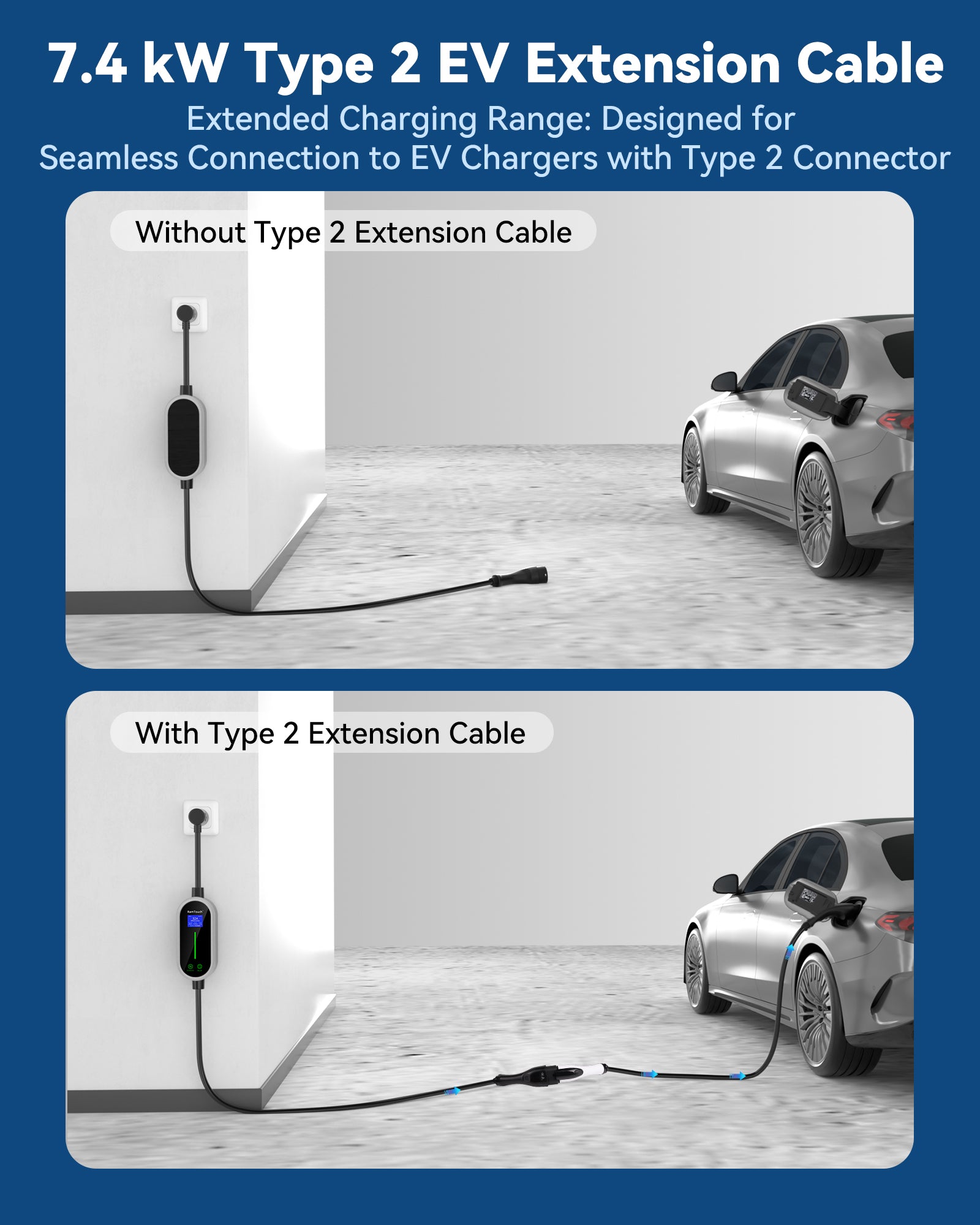 RamTouch EV-Ladegerät-Verlängerungskabel (32 Ampere, 7,4 kW / 22 kW, 1 Phase / 3-Phasen) – Typ-2-Verlängerungskabel kompatibel mit allen Typ-2-EV-Ladegeräten und Typ-2-Wallboxen, EV-Verlängerungskabel geeignet für Typ-2-EVs/PHEVs