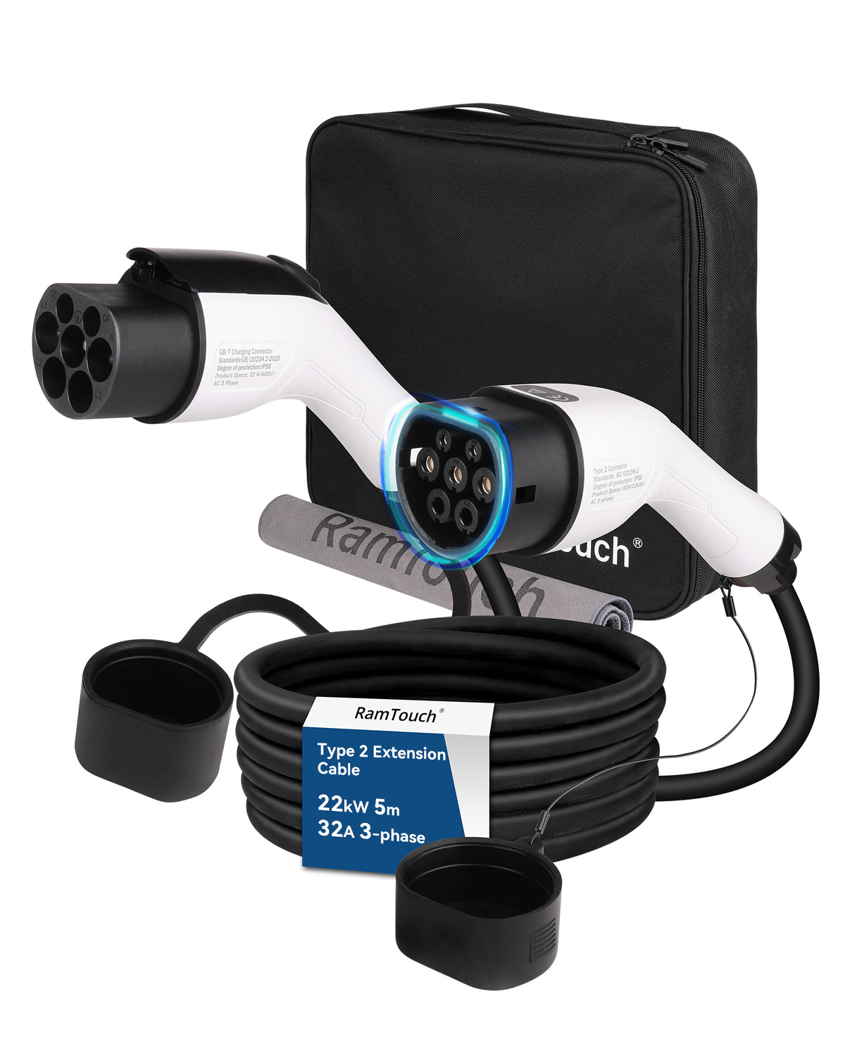 RamTouch EV Charger Extension Cable (32 Amp, 7.4 kW / 22 kW, 1 Phase / 3-Phase) - Type 2 Extension Cable Compatible with All Type 2 EV Chargers & Type 2 Wallbox, EV Extension Cord Suitable for Type 2 EVs/PHEVs