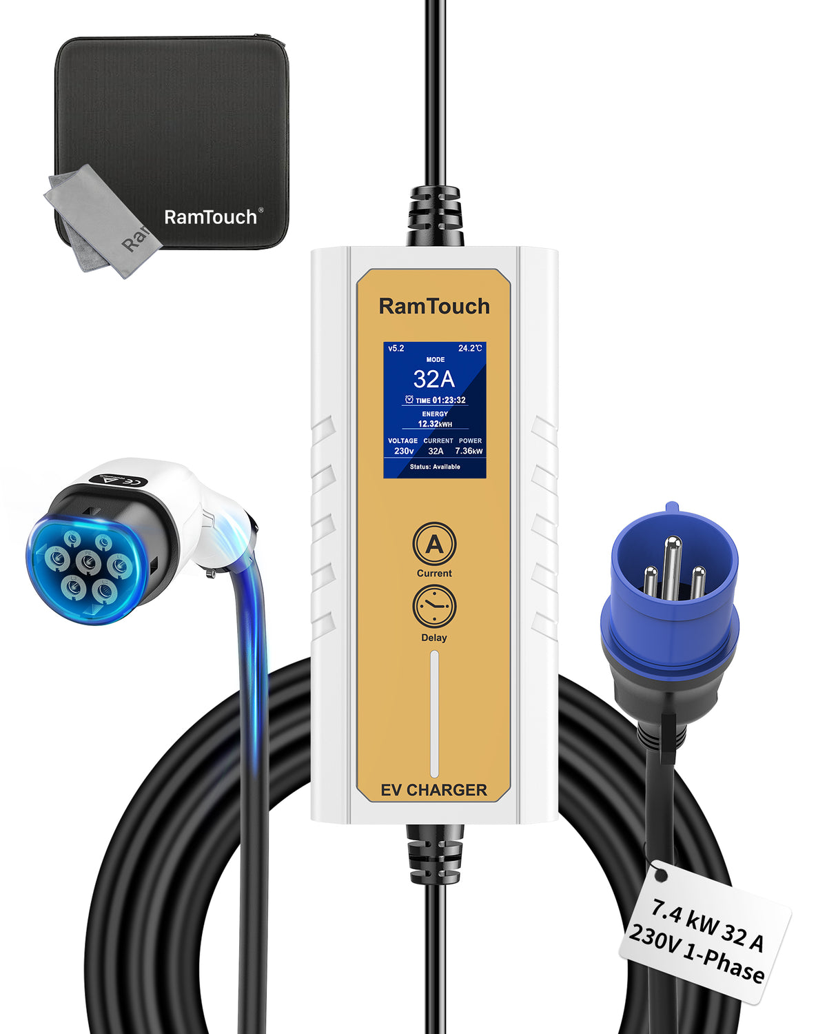 RamTouch Ladegerät für Elektrofahrzeuge (7,4 kW, Typ 2) – Tragbares EV-Ladegerät mit Smart-Funktion, Mobile Wallbox 2 in 1, für Elektroautos Tesla Model Y/3/S/X, ENYAQ, EX30, E-TRON, ID.3, MG4
