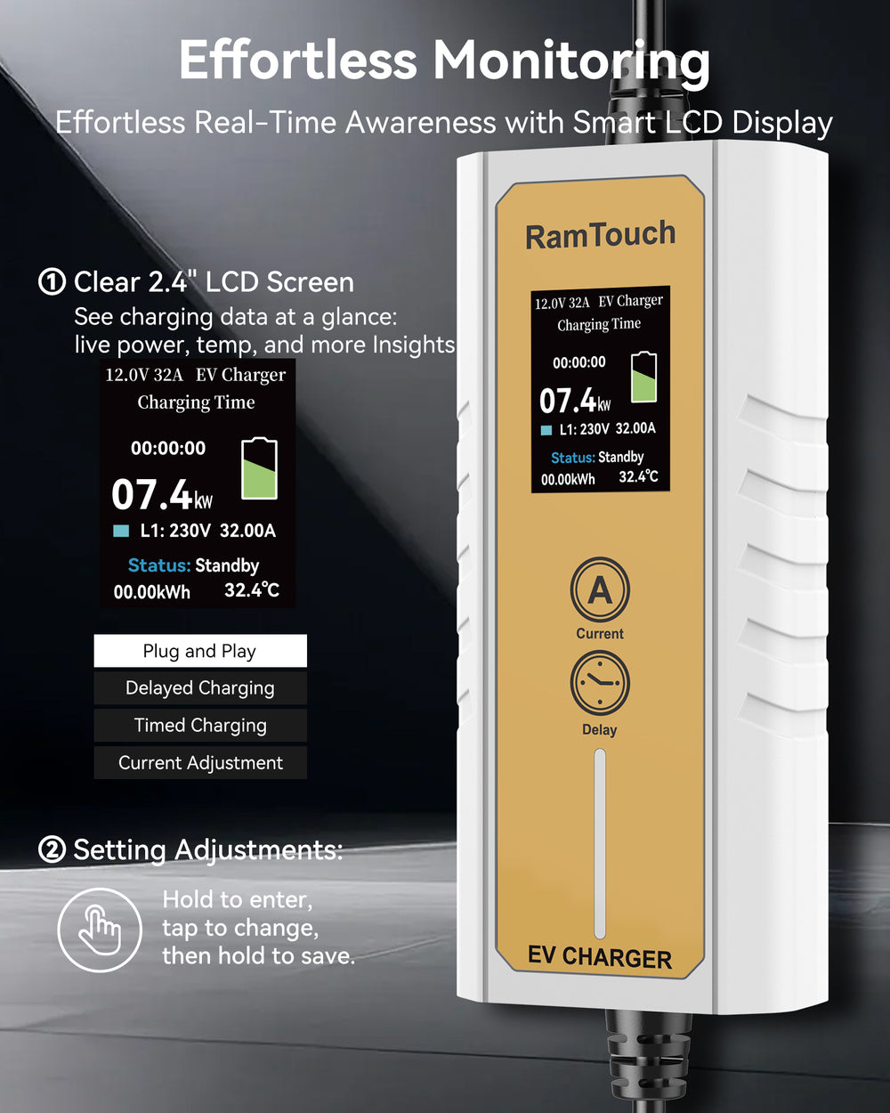 Electric Vehicle Charger (7.4 kW, Type 2, CEE Plug 32A) – Portable EV Charger | 6A - 32A | Delay Start | Timed Charging | For Type 2 EVs and PHEVs - RamTouch EV Chargers - Smart Electric Vehicle Charging Solutions