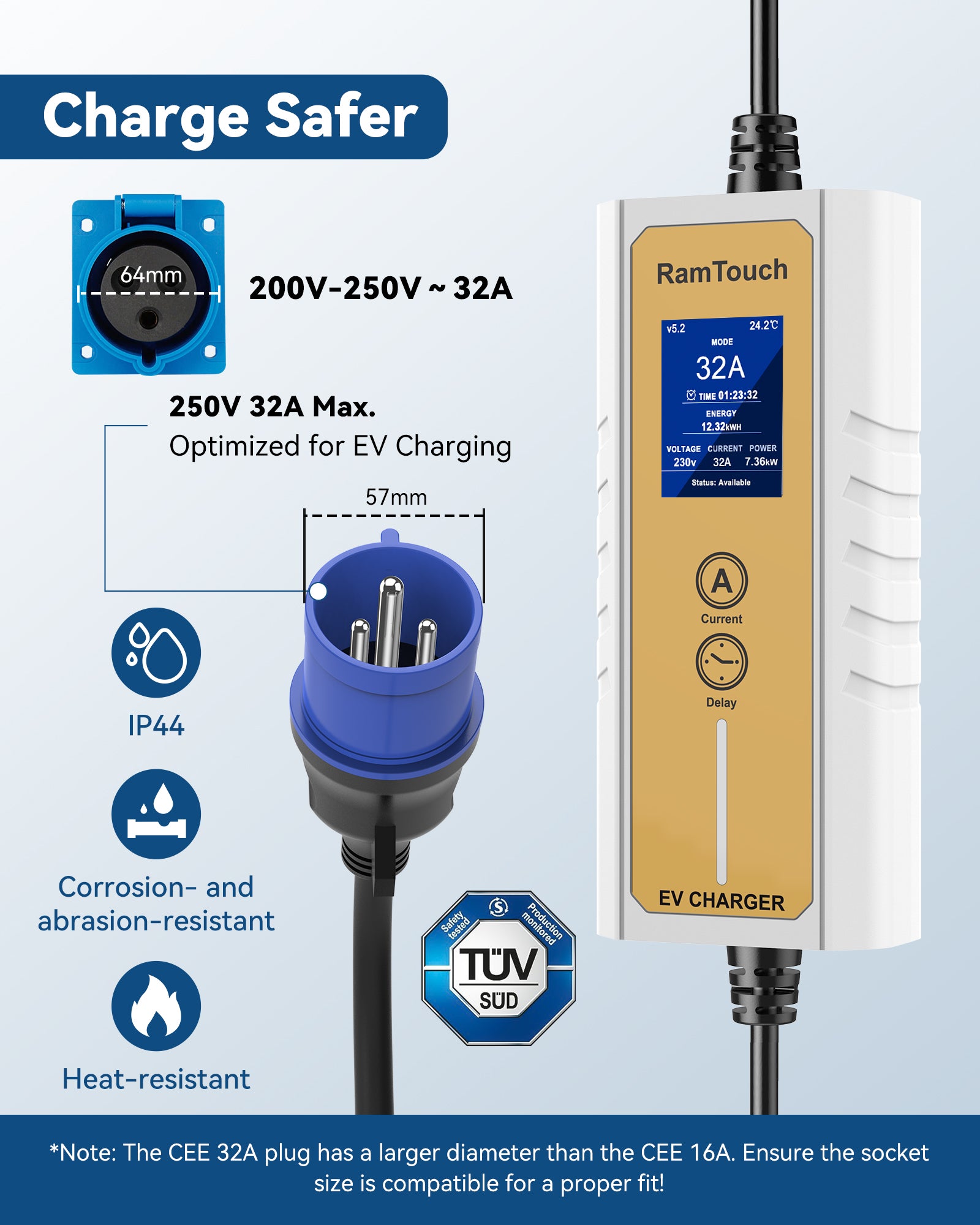 RamTouch Ladegerät für Elektrofahrzeuge (7,4 kW, Typ 2) – Tragbares EV-Ladegerät mit Smart-Funktion, Mobile Wallbox 2 in 1, für Elektroautos Tesla Model Y/3/S/X, ENYAQ, EX30, E-TRON, ID.3, MG4