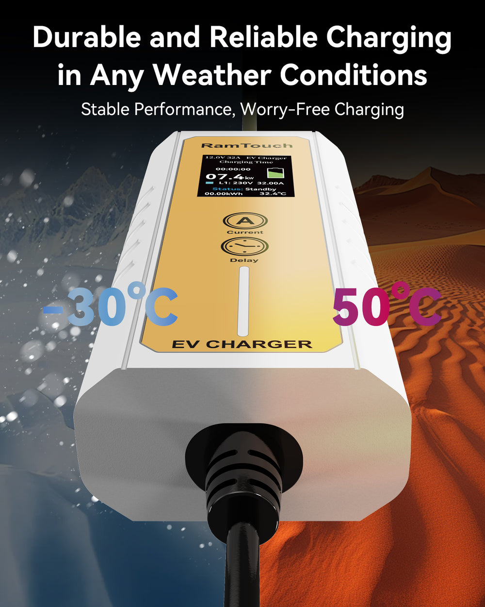 Electric Vehicle Charger (7.4 kW, Type 2, CEE Plug 32A) – Portable EV Charger | 6A - 32A | Delay Start | Timed Charging | For Type 2 EVs and PHEVs - RamTouch EV Chargers - Smart Electric Vehicle Charging Solutions