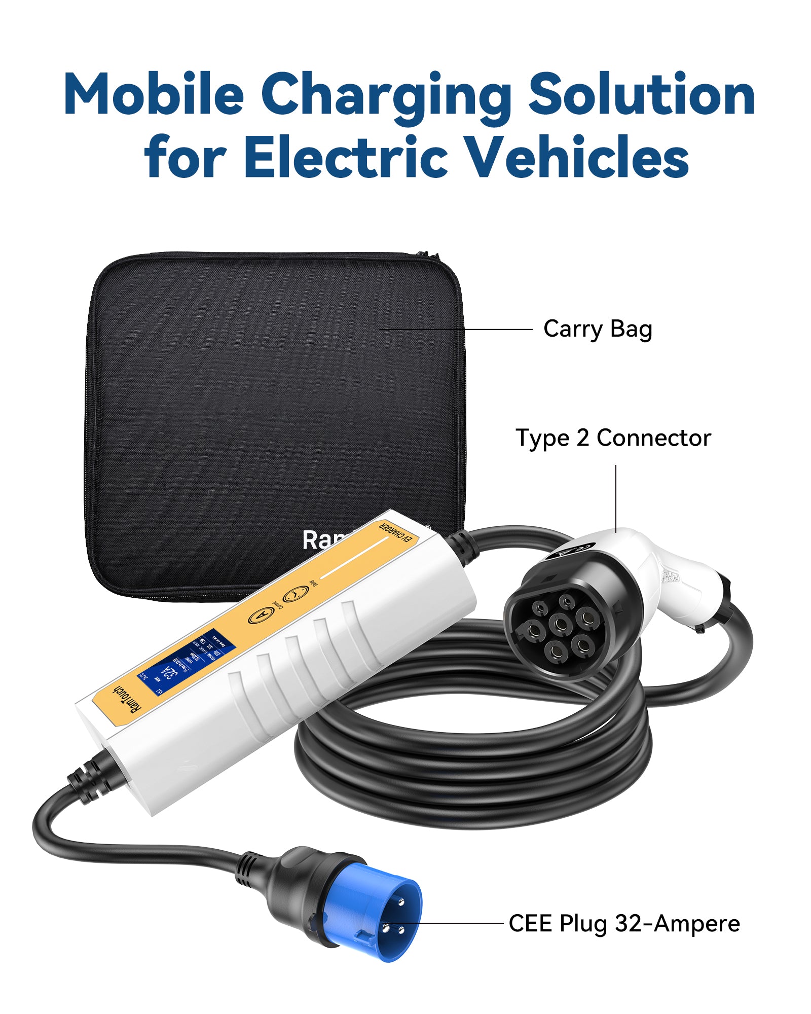 RamTouch Ladegerät für Elektrofahrzeuge (7,4 kW, Typ 2) – Tragbares EV-Ladegerät mit Smart-Funktion, Mobile Wallbox 2 in 1, für Elektroautos Tesla Model Y/3/S/X, ENYAQ, EX30, E-TRON, ID.3, MG4
