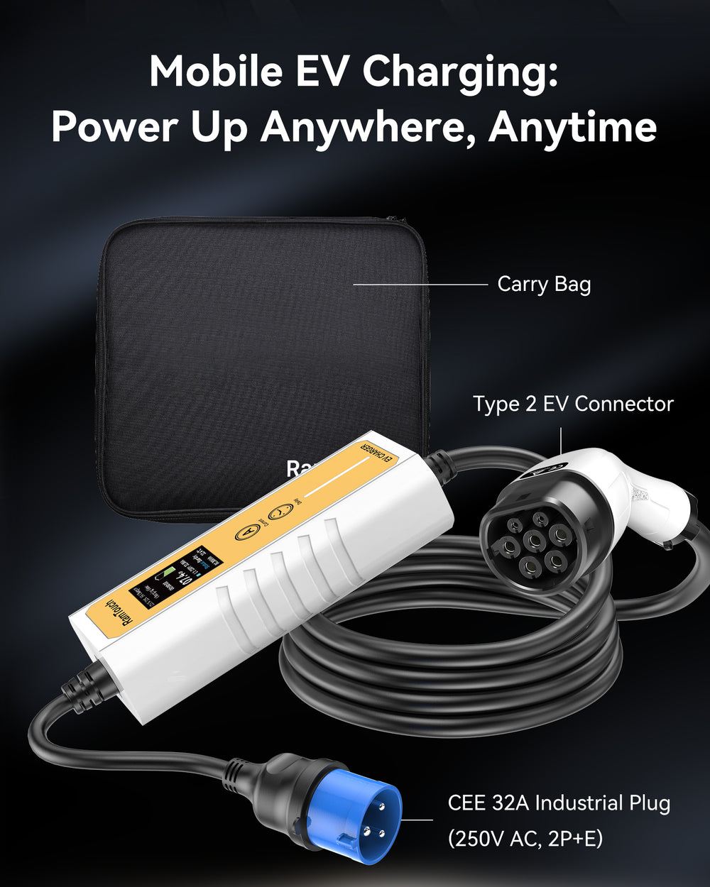 Electric Vehicle Charger (7.4 kW, Type 2, CEE Plug 32A) – Portable EV Charger | 6A - 32A | Delay Start | Timed Charging | For Type 2 EVs and PHEVs - RamTouch EV Chargers - Smart Electric Vehicle Charging Solutions