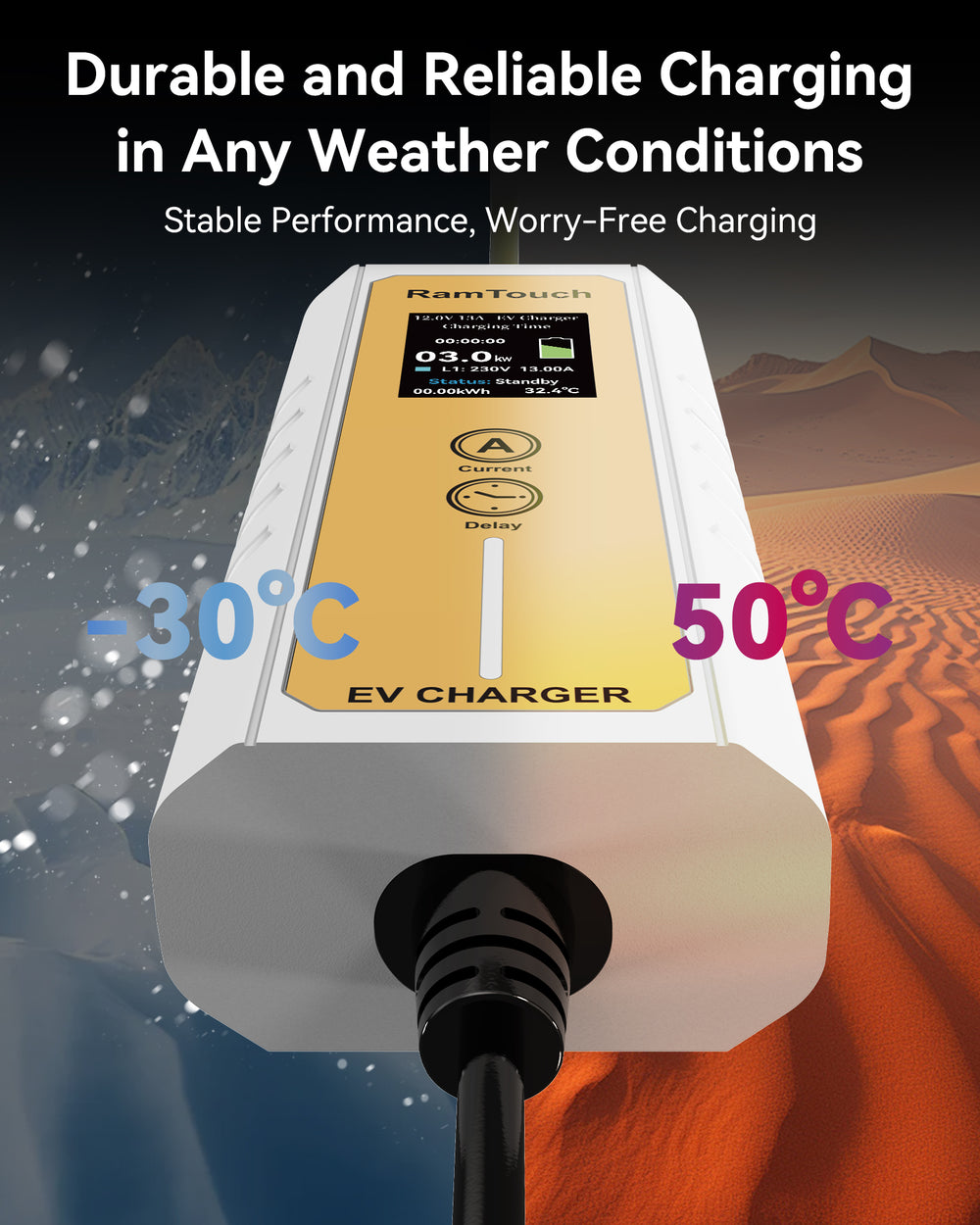 Electric Vehicle Charger (3 kW, Type 2, UK 3-Pin Plug) – Portable EV Charger | 6A/8A/10/13A | Delay Start | Timed Charging | For Type 2 EVs and PHEVs - RamTouch EV Chargers - Smart Electric Vehicle Charging Solutions