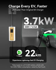 Electric Vehicle Charger (3.7 kW, Type 2, 16A Schuko Plug) – Portable EV Charger | 6A - 16A | Delay Start | Timed Charging | For Type 2 EVs and PHEVs