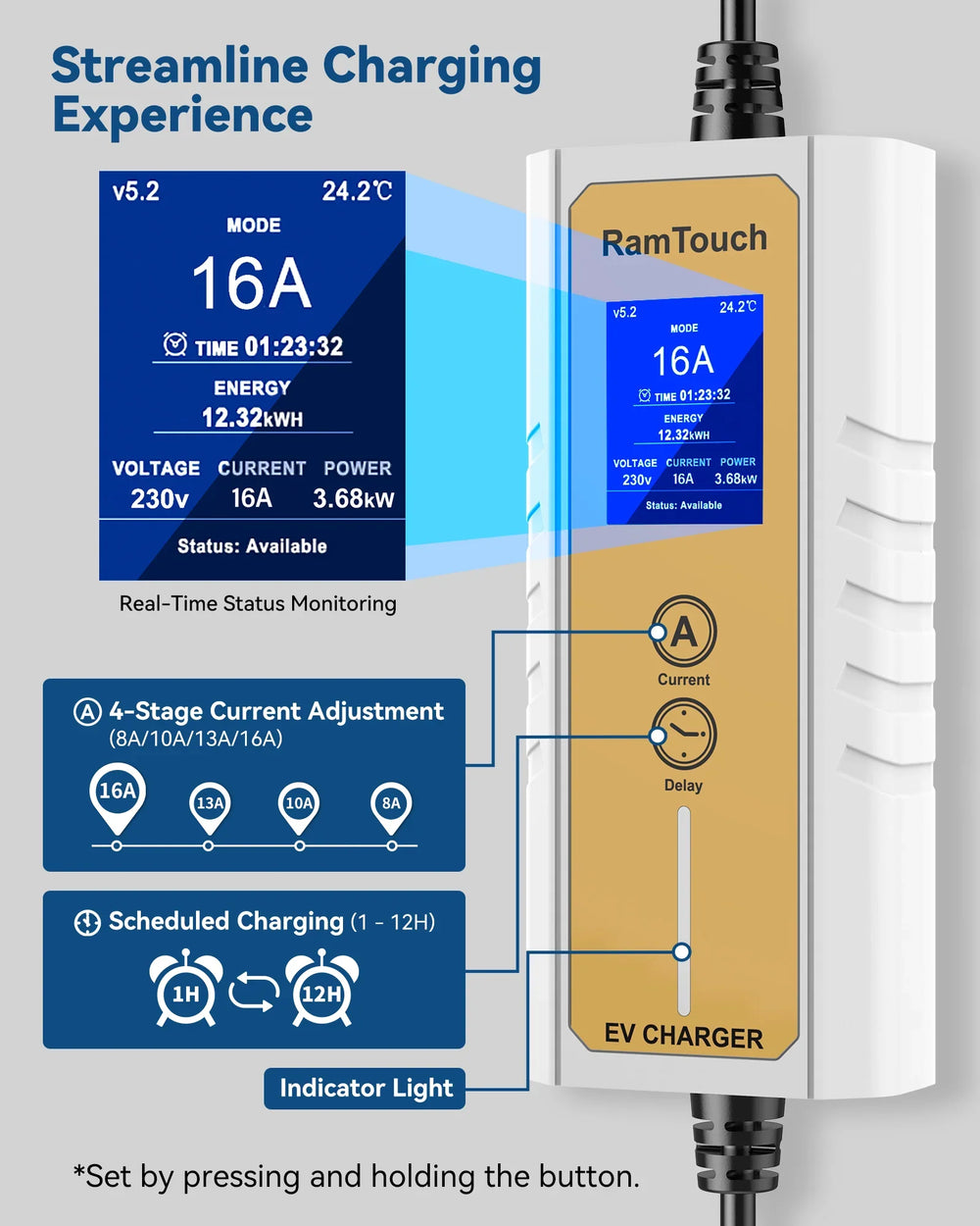 RamTouch Electric Vehicle Charger (3.7 kW, Type 2, 16A Schuko Plug) - Portable EV Charger with Smart Function, Compatible with EV and Plug-in Hybrid - RamTouch EV Chargers - Smart Electric Vehicle Charging Solutions