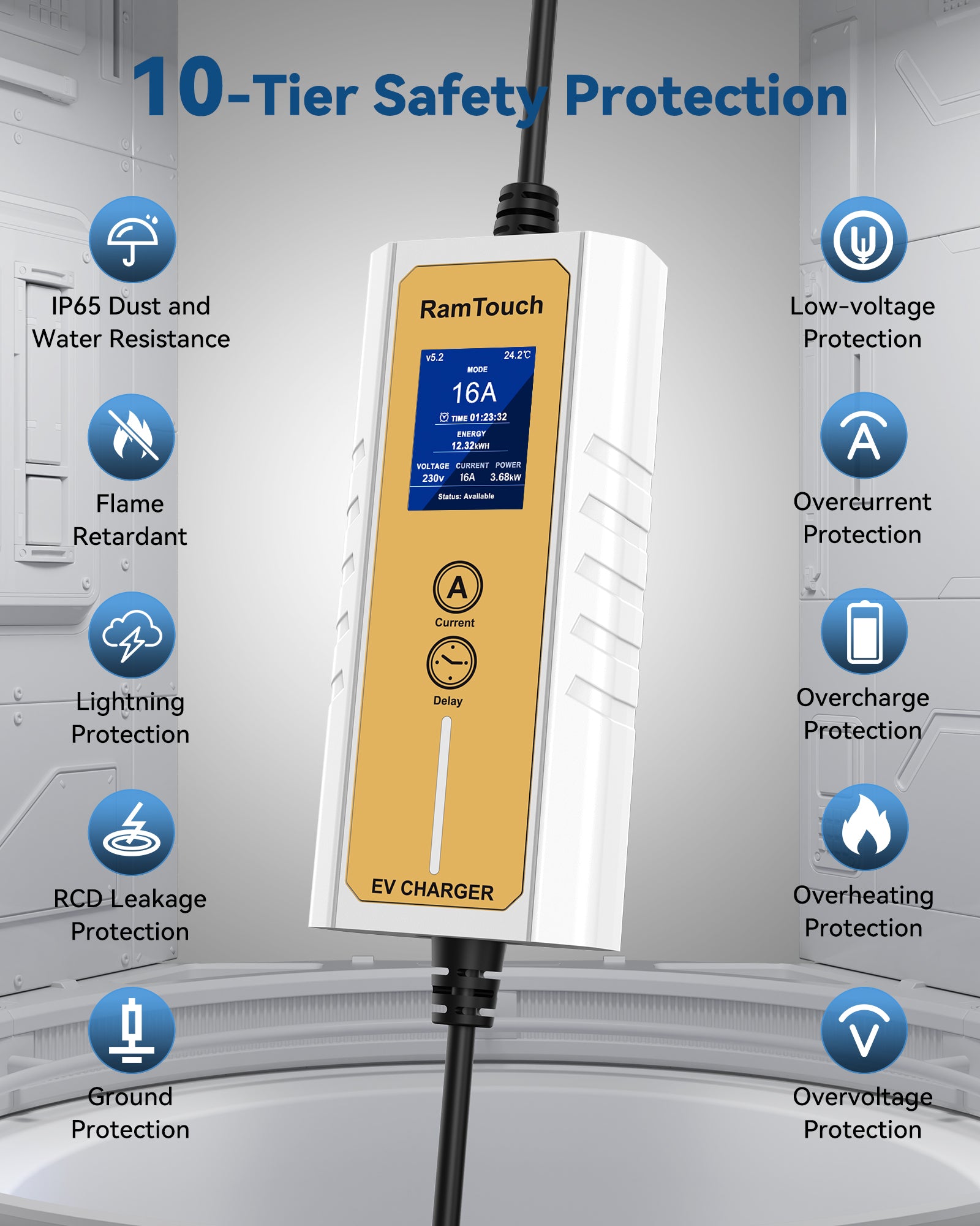 RamTouch Electric Vehicle Charger (3.7 kW, Type 2, 16A Schuko Plug) - Portable EV Charger with Smart Function, Compatible with EV and Plug-in Hybrid