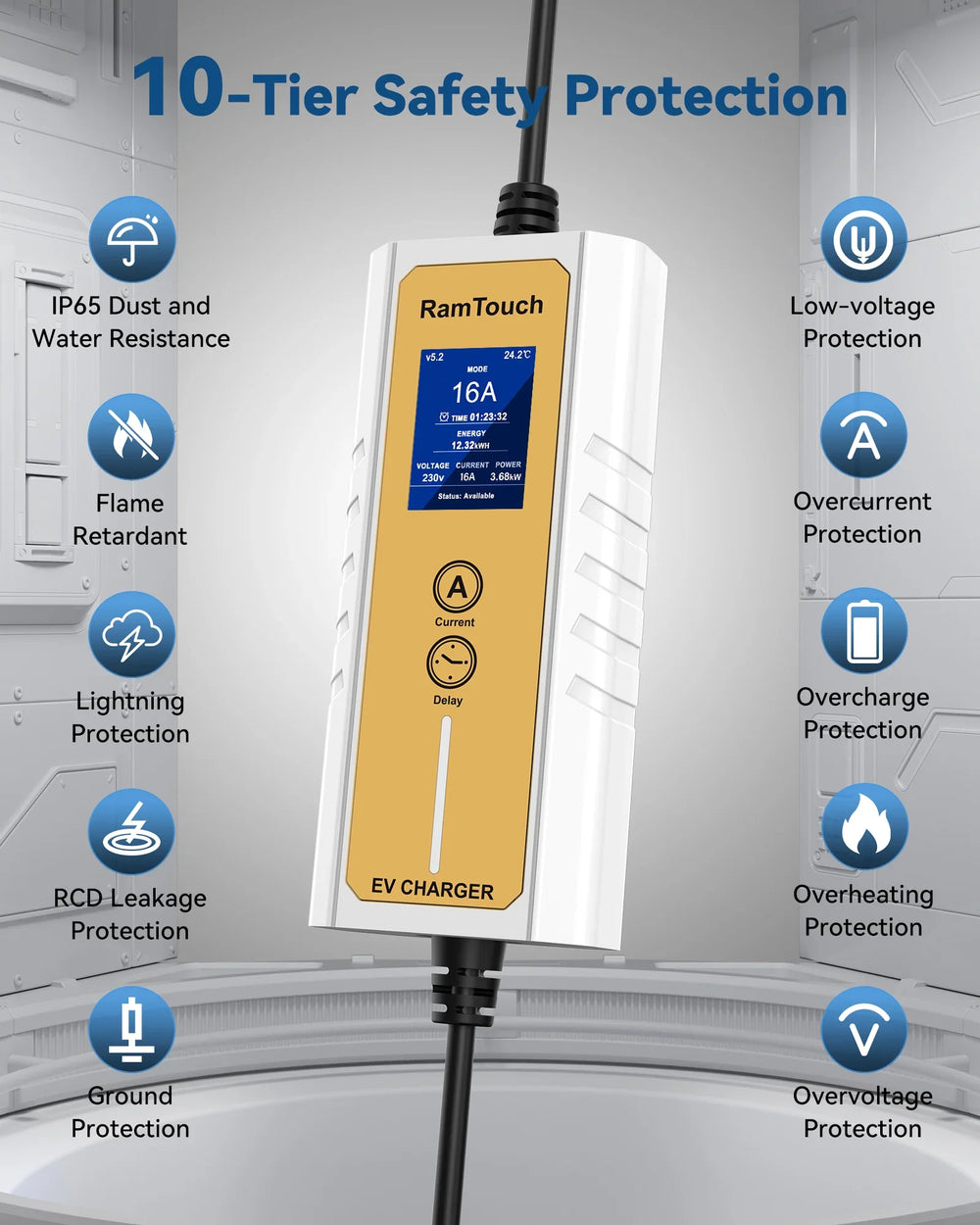 RamTouch Electric Vehicle Charger (3.7 kW, Type 2, 16A Schuko Plug) - Portable EV Charger with Smart Function, Compatible with EV and Plug-in Hybrid - RamTouch EV Chargers - Smart Electric Vehicle Charging Solutions