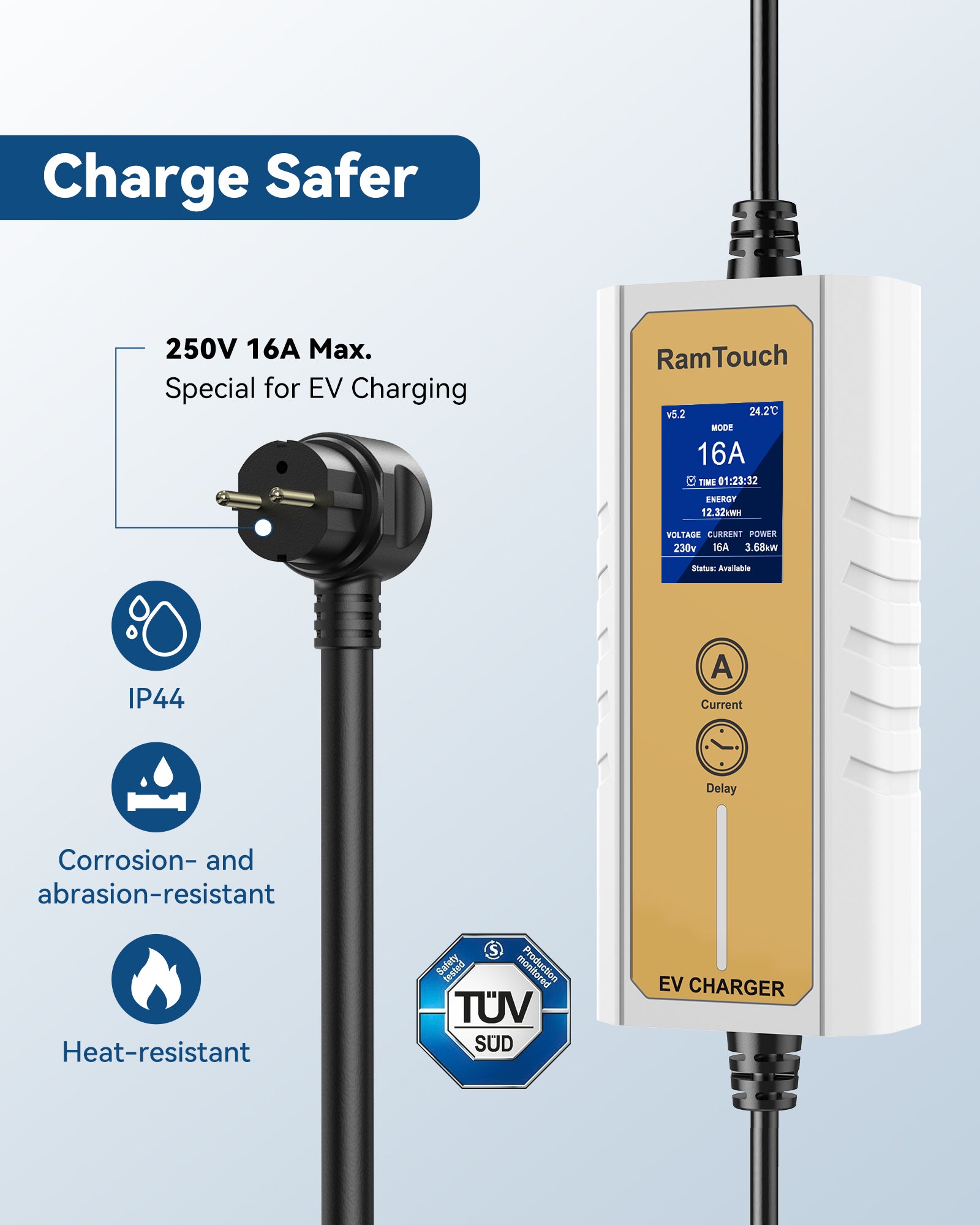 RamTouch Electric Vehicle Charger (3.7 kW, Type 2, 16A Schuko Plug) - Portable EV Charger with Smart Function, Compatible with EV and Plug-in Hybrid