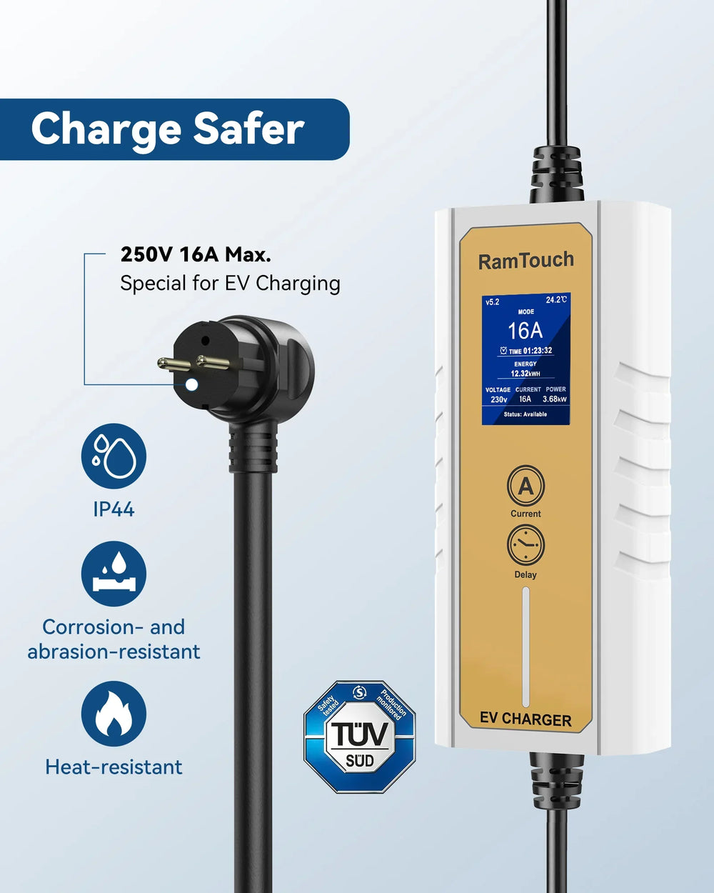 RamTouch Electric Vehicle Charger (3.7 kW, Type 2, 16A Schuko Plug) - Portable EV Charger with Smart Function, Compatible with EV and Plug-in Hybrid - RamTouch EV Chargers - Smart Electric Vehicle Charging Solutions