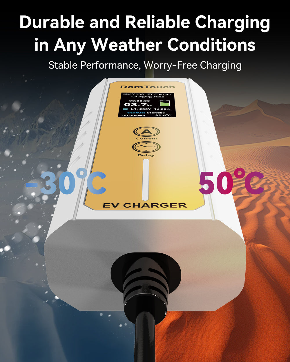 Electric Vehicle Charger (3.7 kW, Type 2, 16A Schuko Plug) – Portable EV Charger | 6A - 16A | Delay Start | Timed Charging | For Type 2 EVs and PHEVs - RamTouch EV Chargers - Smart Electric Vehicle Charging Solutions