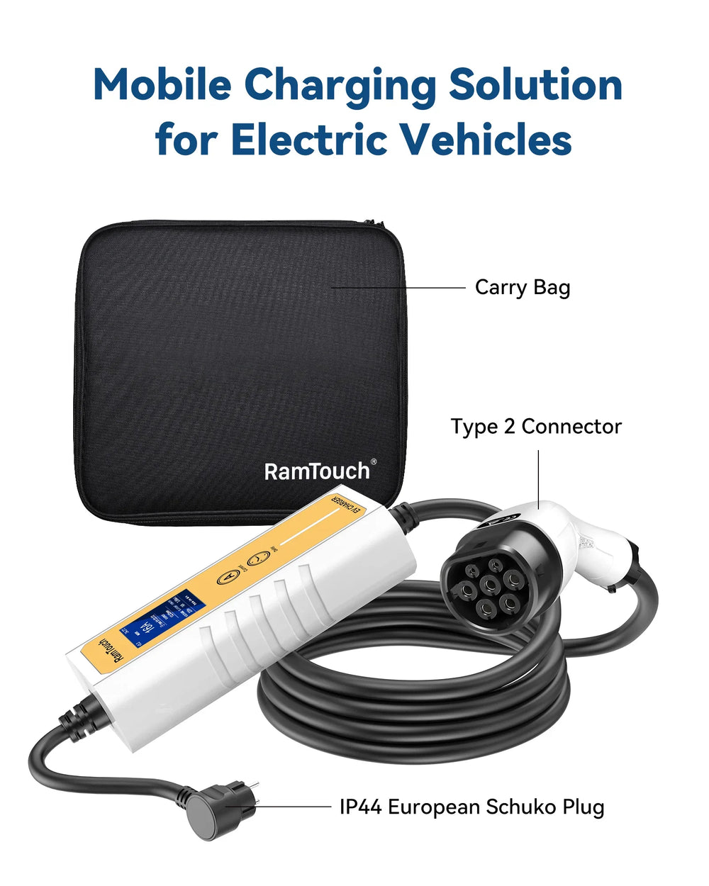 RamTouch Electric Vehicle Charger (3.7 kW, Type 2, 16A Schuko Plug) - Portable EV Charger with Smart Function, Compatible with EV and Plug-in Hybrid - RamTouch EV Chargers - Smart Electric Vehicle Charging Solutions