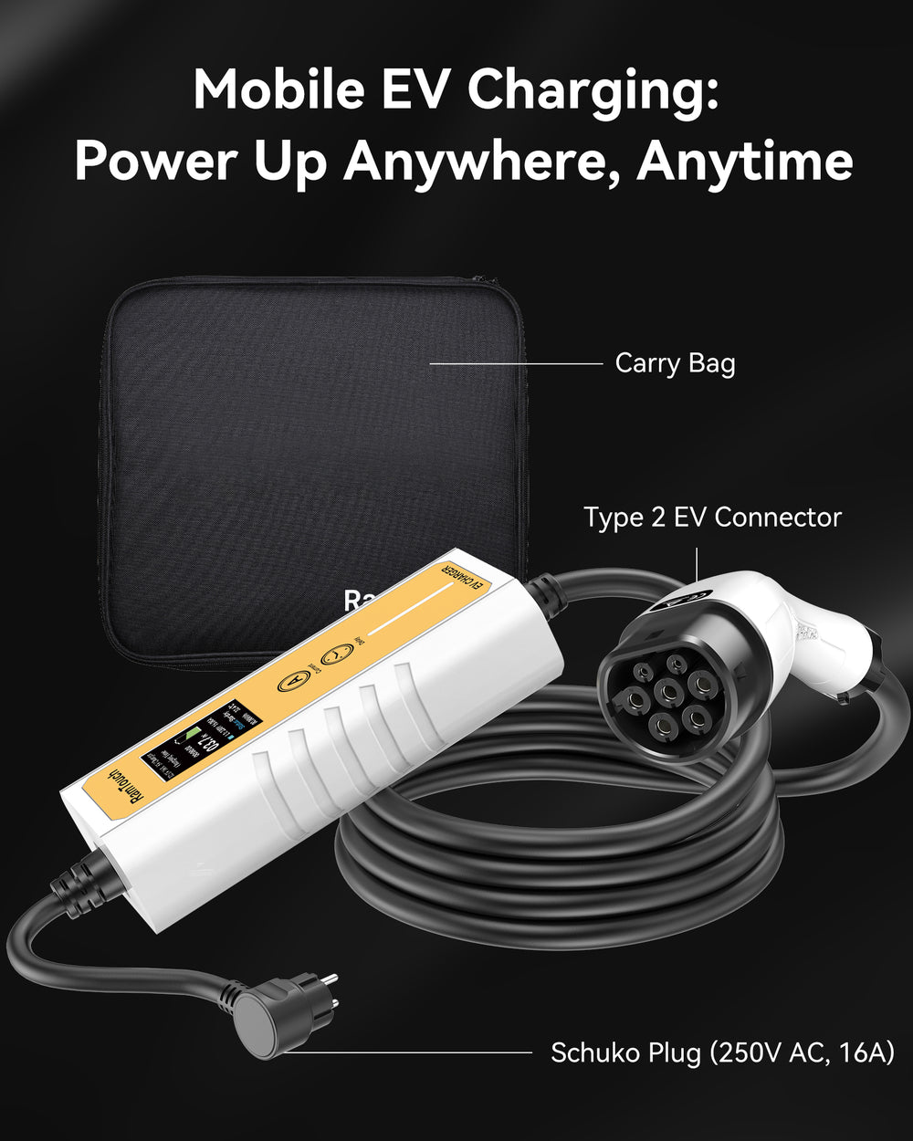 Electric Vehicle Charger (3.7 kW, Type 2, 16A Schuko Plug) – Portable EV Charger | 6A - 16A | Delay Start | Timed Charging | For Type 2 EVs and PHEVs - RamTouch EV Chargers - Smart Electric Vehicle Charging Solutions