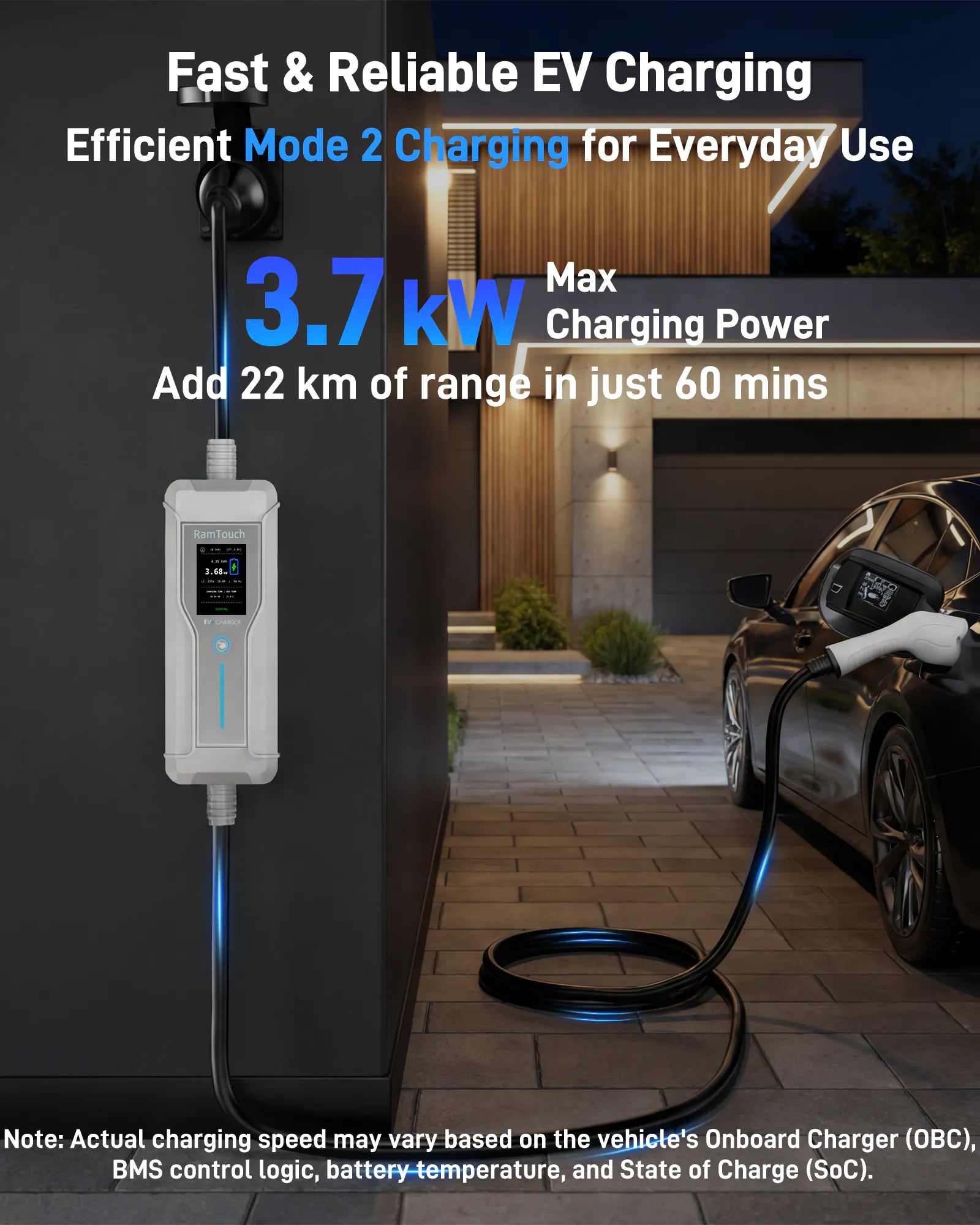 Portable EV Charger (3.7 kW, 16 A, IP67 Control Box) | Blue CEE 16 A Commando Plug to Type 2 | Mode 2 EV Charging Cable with Adjustable 6 A to 16 A, LCD Display, Timer, AC/DC RCD Protection for EVs and PHEVs
