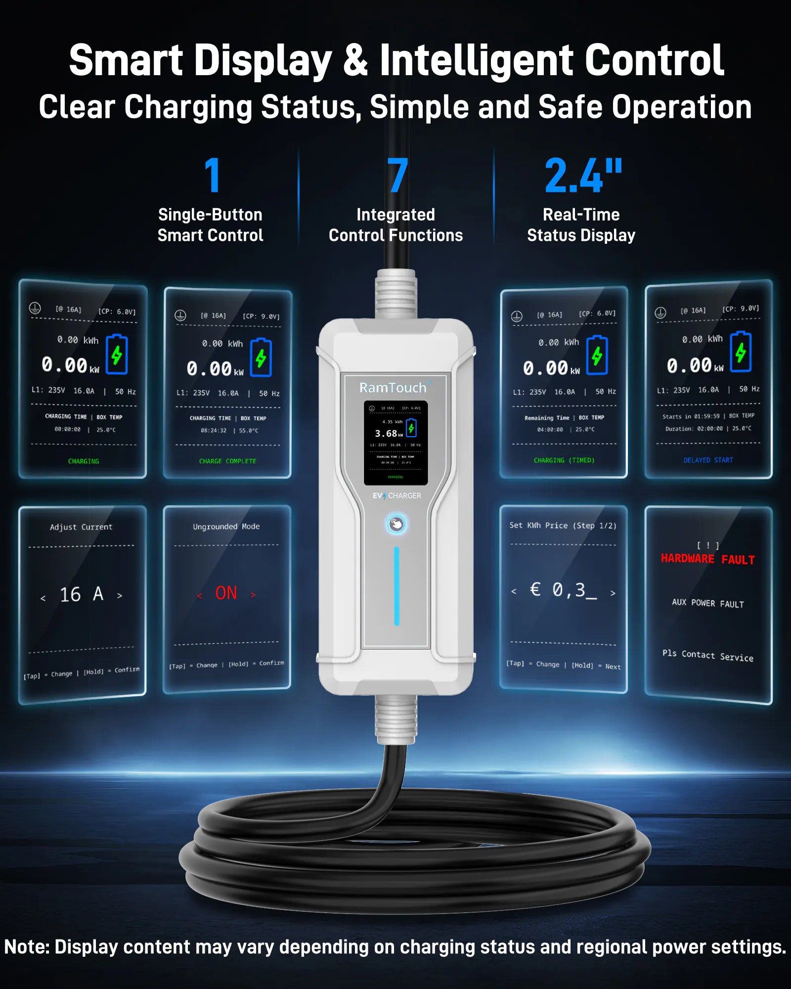 Portable EV Charger (3.7 kW, 16 A, IP67 Control Box) | Blue CEE 16 A Commando Plug to Type 2 | Mode 2 EV Charging Cable with Adjustable 6 A to 16 A, LCD Display, Timer, AC/DC RCD Protection for EVs and PHEVs
