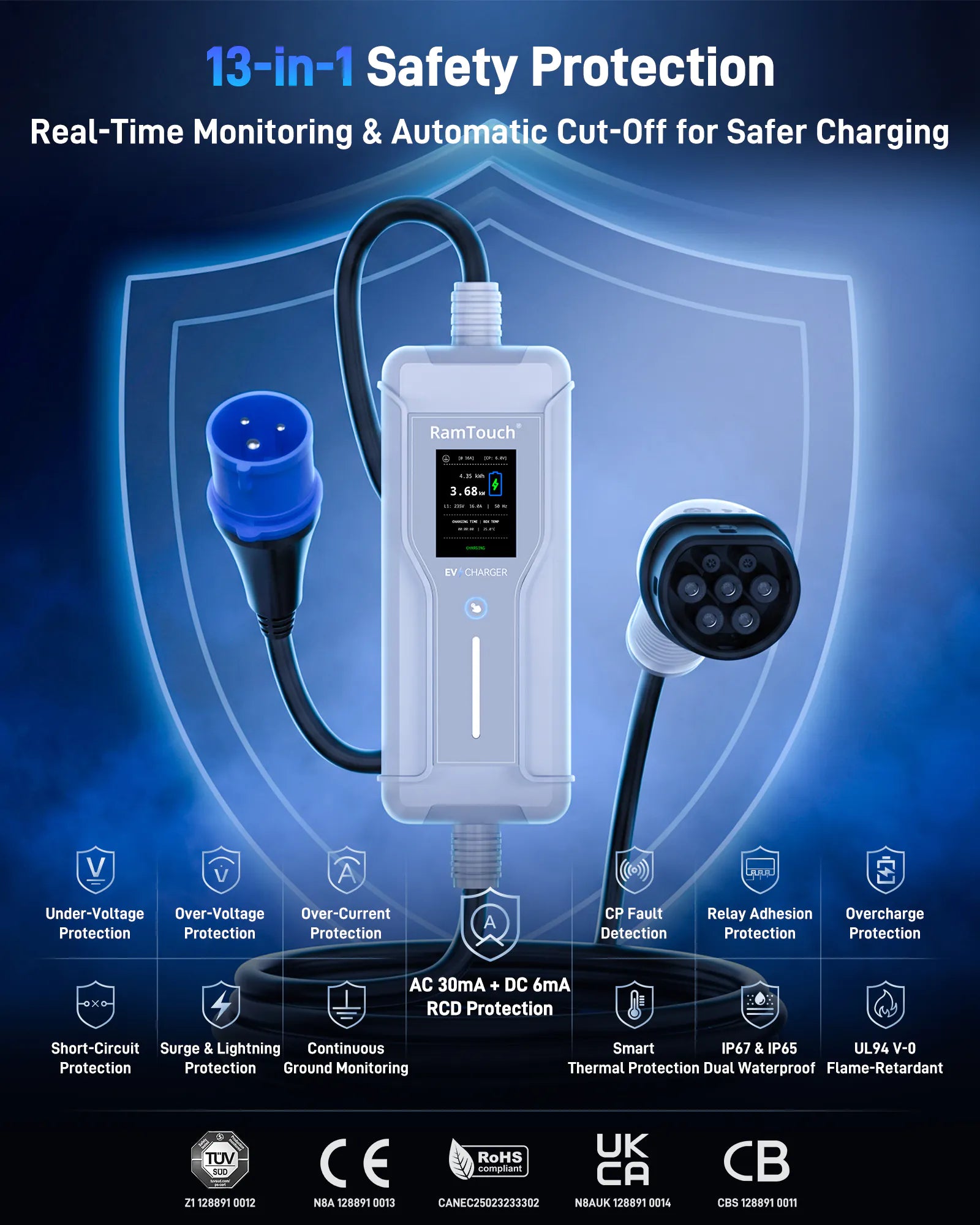 Portable EV Charger (3.7 kW, 16 A, IP67 Control Box) | Blue CEE 16 A Commando Plug to Type 2 | Mode 2 EV Charging Cable with Adjustable 6 A to 16 A, LCD Display, Timer, AC/DC RCD Protection for EVs and PHEVs