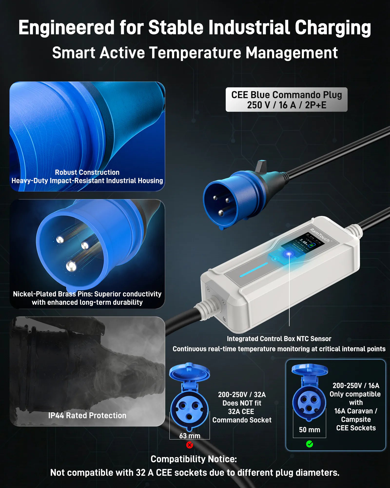 Portable EV Charger (3.7 kW, 16 A, IP67 Control Box) | Blue CEE 16 A Commando Plug to Type 2 | Mode 2 EV Charging Cable with Adjustable 6 A to 16 A, LCD Display, Timer, AC/DC RCD Protection for EVs and PHEVs